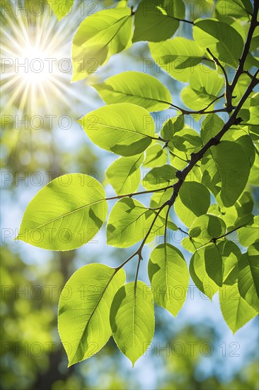 Freshly sprouted leaves on a tree branch, with sunlight streaming through, highlighting the vibrant green hues, AI generated
