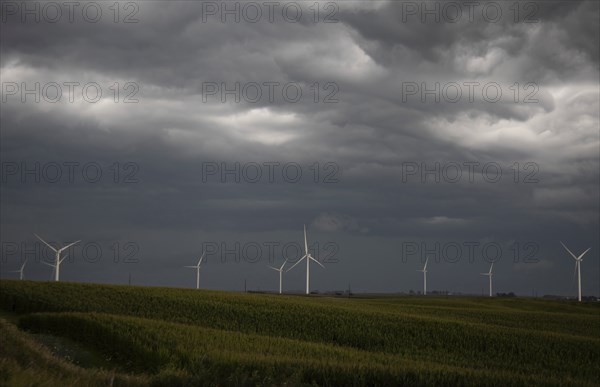 Adair, Iowa, A storm approaches wind turbines in western Iowa