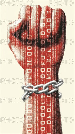Red hand with chains and binary code on a white background, showcasing resistance, AI generated