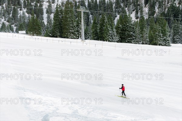 Minimal style winter landscape with ski slope full of snow, surrounded by snowy fir trees, and a single skier, in Ehrwald, Austria, Europe