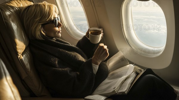 A woman sipping coffee and reading in a luxurious airplane seat, illustrating an elegant and tranquil travel experience, AI generated