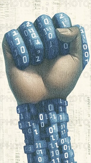 Fist wrapped in binary code, symbolizing digital resistance and power, AI generated