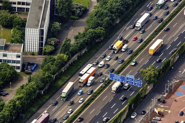 Traffic jam on the A3 motorway near Leverkusen. Motorway towards Frankfurt. North Rhine-Westphalia