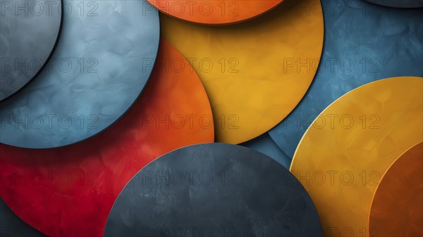 Textured geometric overlapping circles in red, blue, and yellow colors, AI generated