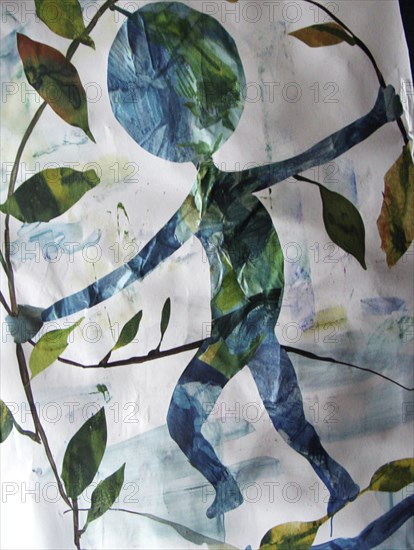Nature-inspired artwork depicting a silhouette of a dancing figure made from leaves, AI generated