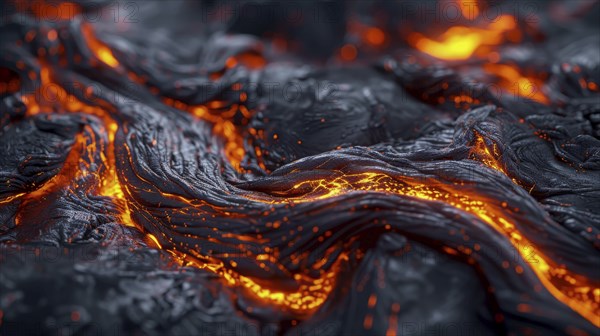 Close-up of glowing lava textures with bright orange accents against a dark background, detailed and intense, AI generated