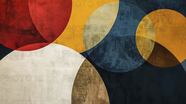 Overlapping abstract geometric circles in red, yellow, blue, and white with a textured background, AI generated