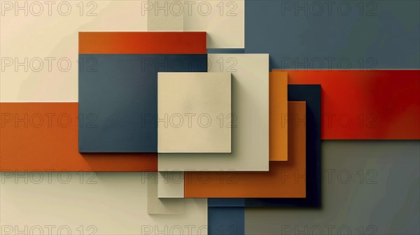 Abstract geometric artwork with rectangles in warm shades of orange, cream, and navy, AI generated
