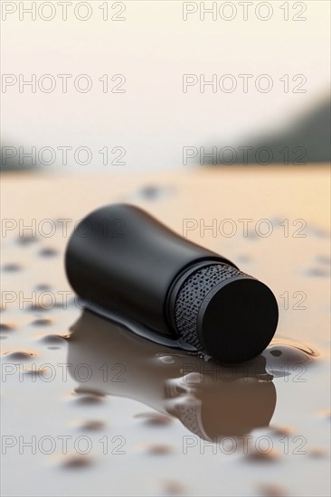 A black bottle lying on a reflective surface with a sunset in the blurry background, AI generated