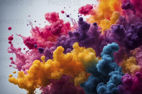 A vibrant explosion of colorful paint clouds creating an abstract display, AI generated