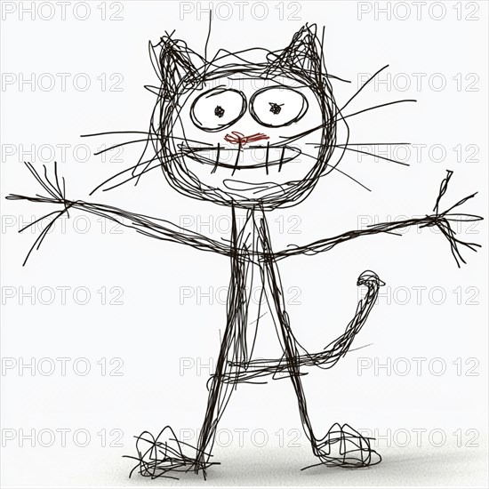 A whimsical child-like sketch of a cat with a simple, scribbled style in black and white, AI generated