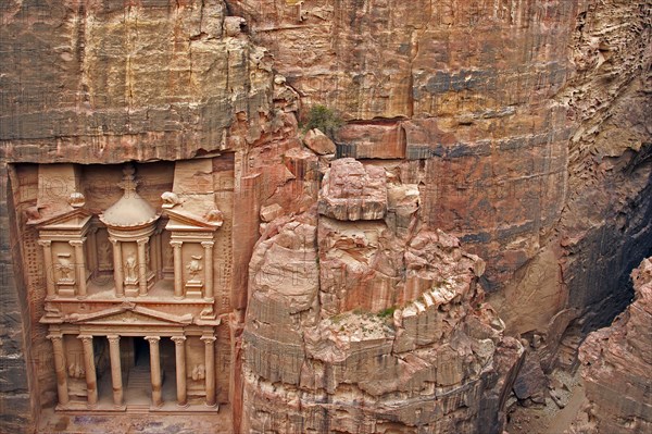 Al Khazneh, the treasury, carved out of a sandstone rock wall in the ancient city of Petra in southern Jordan