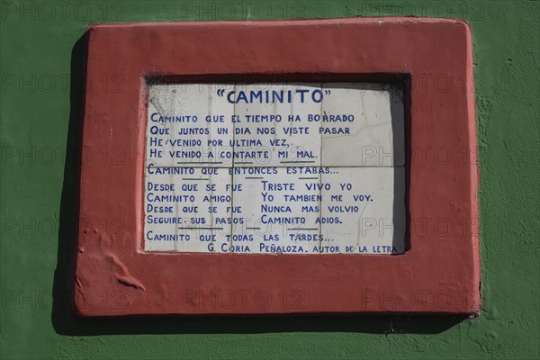 Wall tiles with lyrics, Caminito, La Boca district, Buenos Aires, Argentina, South America