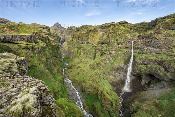 Mountain landscape with canyon, Hangandifoss waterfall in Múlagljúfur Canyon, Sudurland, Iceland, Europe