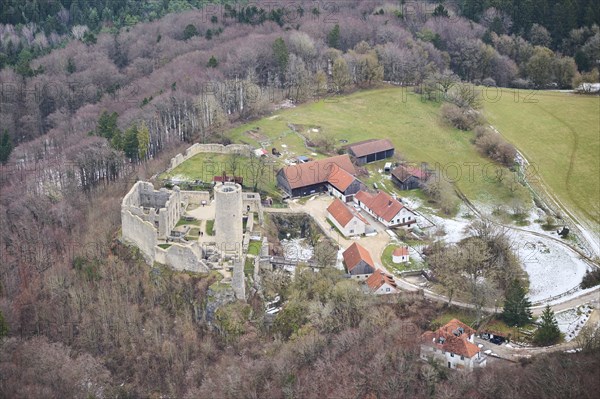 Aerial view of the area around Neumarkt and the castle ruins of Wolfstein, Upper Palatinate, Bavaria, Germany, Europe