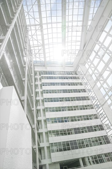 Great architecture white interior with terraces and stairs, City Hall, The Hague, Netherlands