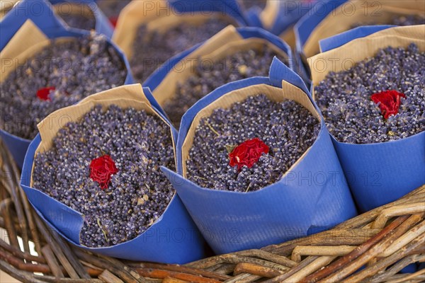 Market sale, basket of dried lavender, weekly market market, Sault, Vaucluse department in the Provence-Alpes-Côte d'Azur region, France, Europe