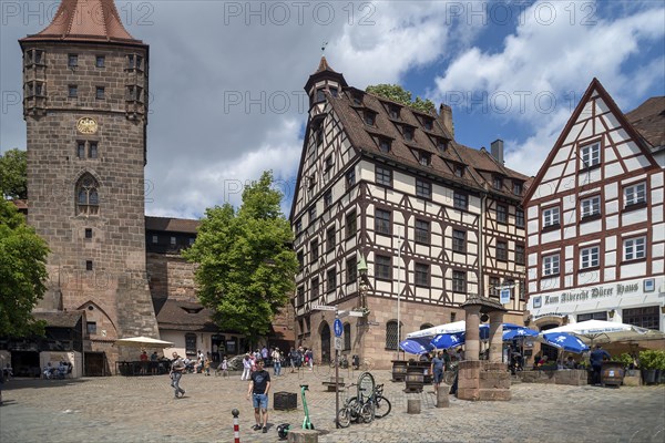 Historic Tiergärtnertorplatz with the Pilatus House and the Neutorturm, Nuremberg, Central Franconia, Bavaria, Germany, Europe