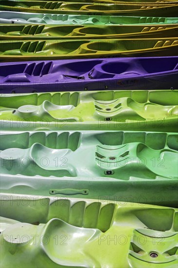Colourful canoes in the boat harbour in Esparron-de-Verdon, Lac d Esparron, Provence-Alpes-Côte d'Azur, Provence, France, Europe