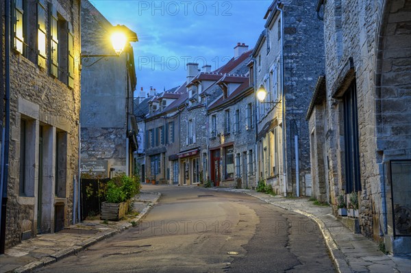 Old town alley, blue hour, Vézelay, Yonne department, Bourgogne-Franche-Comté region, Burgundy, France, Europe