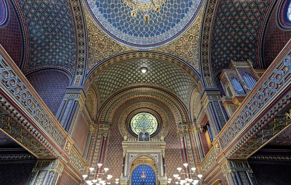 Intricate and colorful architectural details inside a large synagogue with mosaic tilework and ornate patterns, Spanish Synagogue former Reform Jewish synagogue, Prague, Czech Republic, Europe