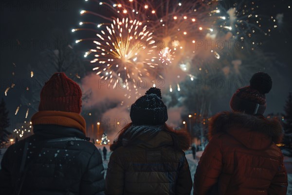 Young people celebrating new year with fireworks in night sky. Generative Ai, AI generated