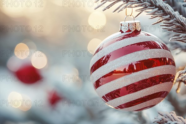 Christmas bauble ornament with red and white stripes on tree with copy space. Generative AI, AI generated