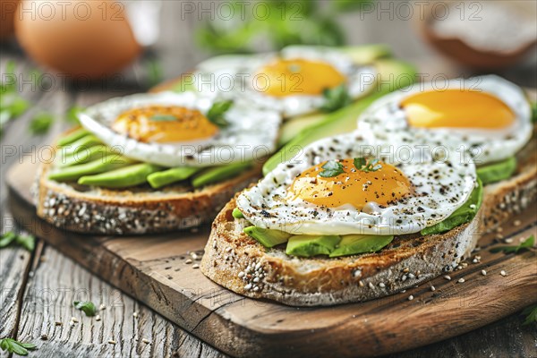 Slices of bread with avocado and fried egg. Generative AI, AI generated