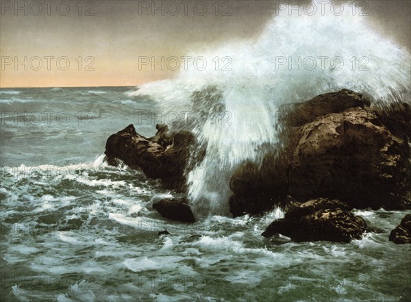 Coast with surf, Ventimiglia, Riviera. Italy, c. 1895, Historic, digitally restored reproduction from a 19th century original, Record date not stated