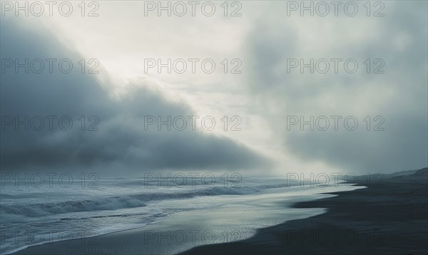 Thick, gray clouds moving slowly across the sky, casting shadows over a deserted beach AI generated