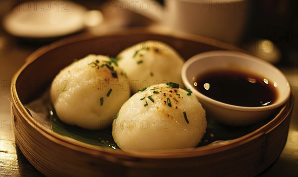 Three white dumplings with parsley on top sit in a bamboo basket. A small bowl of sauce is placed next to the dumplings AI generated