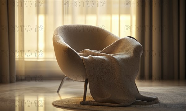 A chair with a blanket draped over it sits in front of a window. The chair is a large, round, tan color and the blanket is a light brown color. The room is bright and sunny AI generated