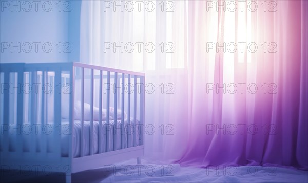 White crib in a nursery with lavender and pink decor, glowing purple and blue lights AI generated