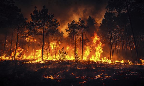 Raging fire spreading through a dense forest, flames climbing high into the treetops AI generated