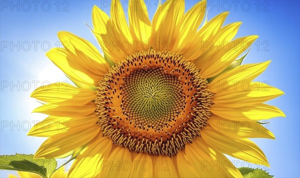 Close-up of sunflower center, intricate patterns, vibrant yellow petals AI generated
