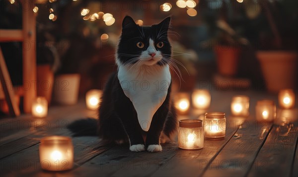 A black and white cat with a ghost costume, sitting on a wooden floor with glowing candles around AI generated