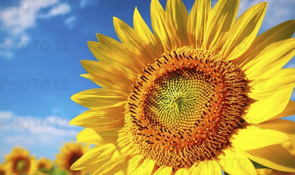 Close-up of sunflower center, intricate patterns, vibrant yellow petals AI generated