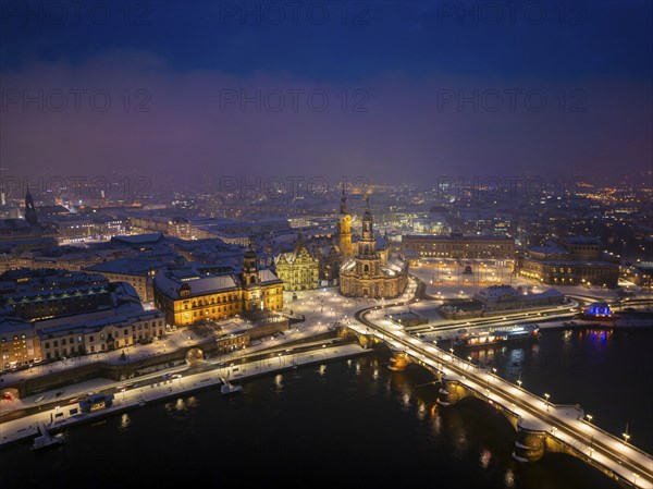 Dresden Old Town at night in winter, Dresden, Saxony, Germany, Europe