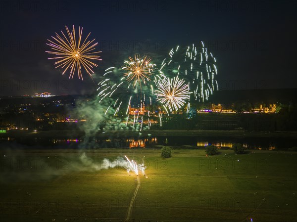 Around the three illuminated Elbe castles in Dresden, over 6000 visitors celebrated a balmy summer night full of music, dance, culture and gastronomy. A magnificent firework display was one of the many highlights, 14th Dresden Castle Night, Dresden, Saxony, Germany, Europe