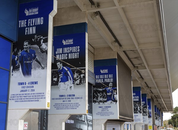 Banners celebrating Ipswich Town football club history, Sir Bobby Robson stand, Portman Road, Ipswich, Suffolk, England, UK