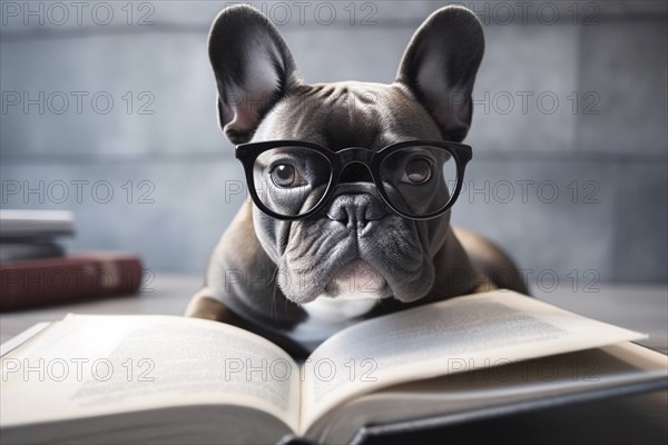 French Bulldog dog with reading glasses and open book. KI generiert, generiert AI generated