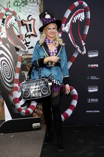 Sarah Knappik at the opening of the Tim Burton exhibition at the Radsetzerei on the RAW site in Berlin on 18 July 2024