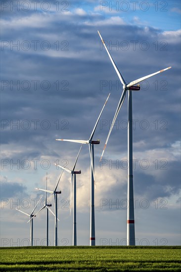 RWE wind farm near Bedburg, at the Garzweiler opencast mine, on recultivated part of the opencast lignite mine, Nordex N163 wind turbine, North Rhine-Westphalia, Germany, Europe