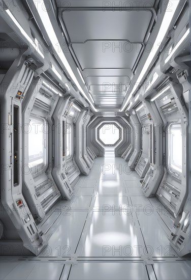 Three dimensional render of futuristic corridor inside a spaceship or space station, AI generated