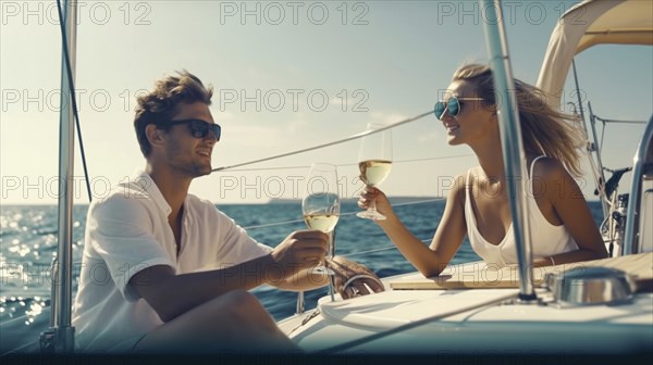 Young adult caucasian couple enjoying drinks on the deck of their yacht in the ocean, generatvie AI, AI generated