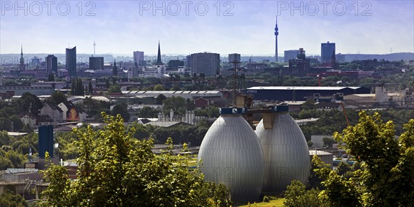 City panorama from Deusenberg with digesters and Florianturm, Dortmund, Ruhr area, North Rhine-Westphalia, Germany, Europe