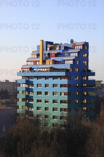 Czech Republic, Prague, colourful apartment building with colourful terraced flats, Europe