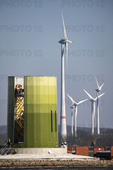 Construction of a wind turbine, Enercon steel pillar, near Kerken, Kleve district, Lower Rhine, North Rhine-Westphalia, Germany, Europe