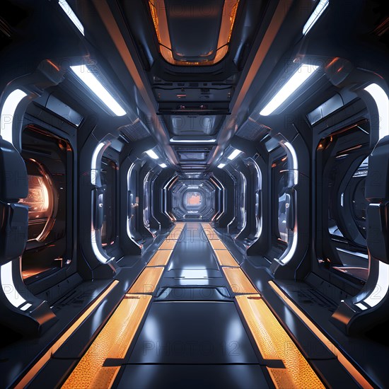 Three dimensional render of futuristic corridor inside a spaceship or space station, AI generated