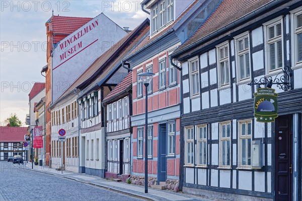 Half-timbered houses in the street Altes Dorf, a street with cobblestones, in the old town centre of Stendal in the Altmark. Hanseatic town of Stendal, Saxony-Anhalt, Germany, Europe
